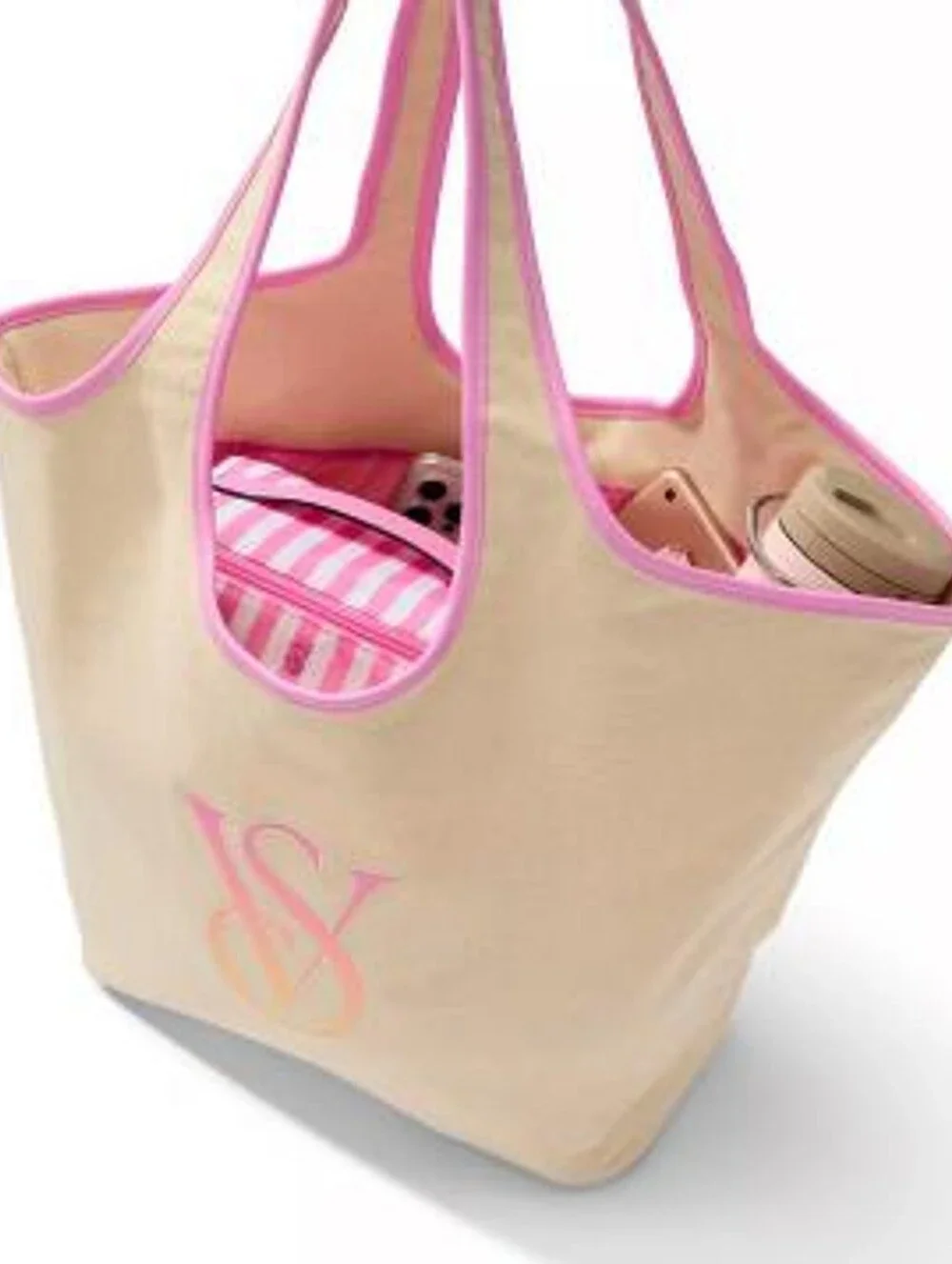 Victoria's Secret Beige Canvas Tote with Pink Trim